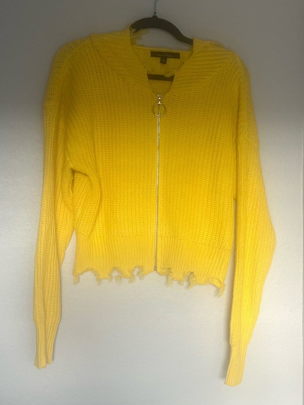 Love Tree Yellow Zip-Front Distressed Knit Hoodie